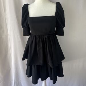 Alice + Olivia Dress Women's Sz 2 Black Emmalou Puff-Sleeve Tiered Mini Ruffle